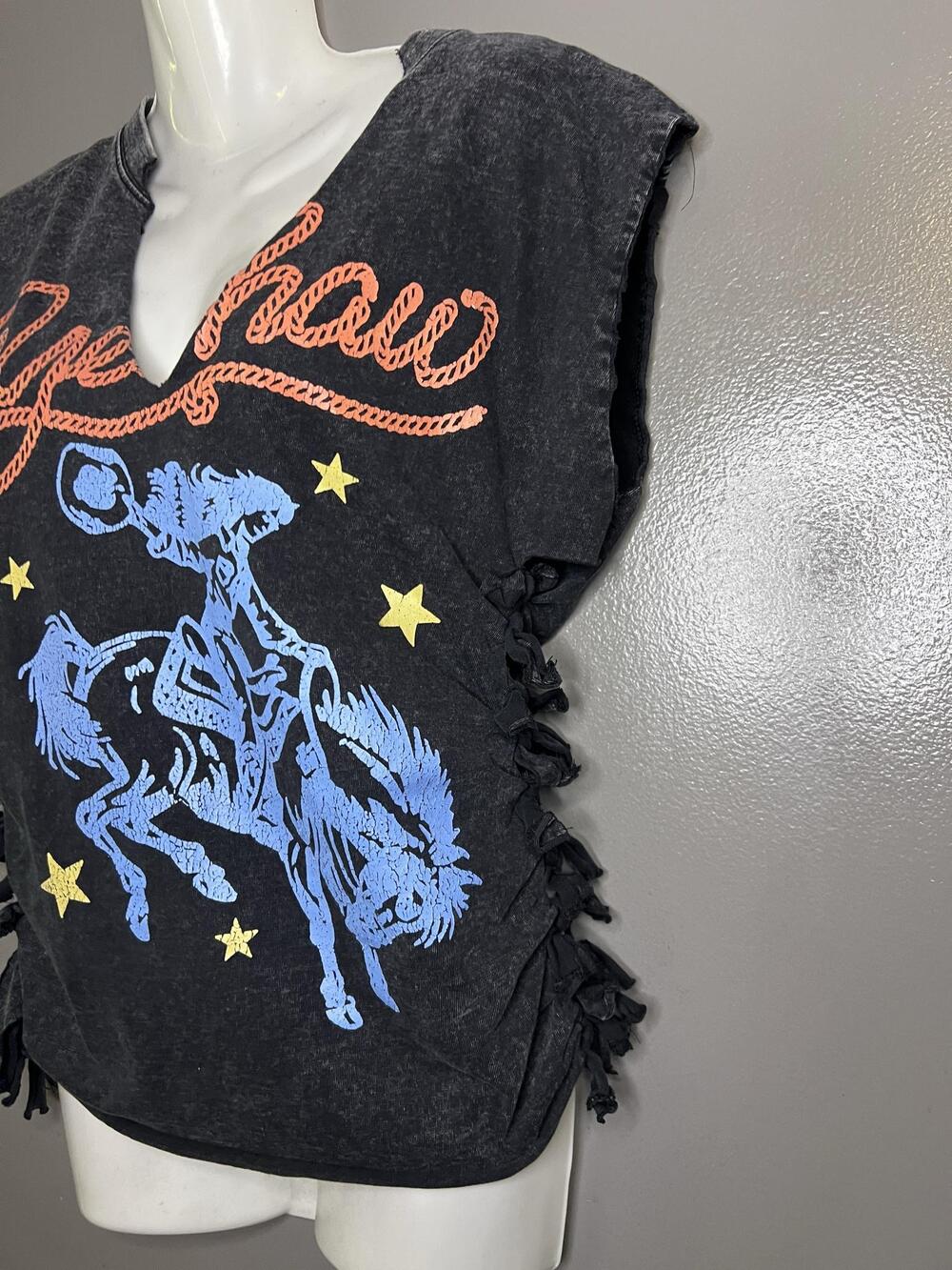 Yeehaw Graphic Shirt Womens Small Black Sleeveless V Neck Western Rodeo Cowgirl - Picture 5 of 8